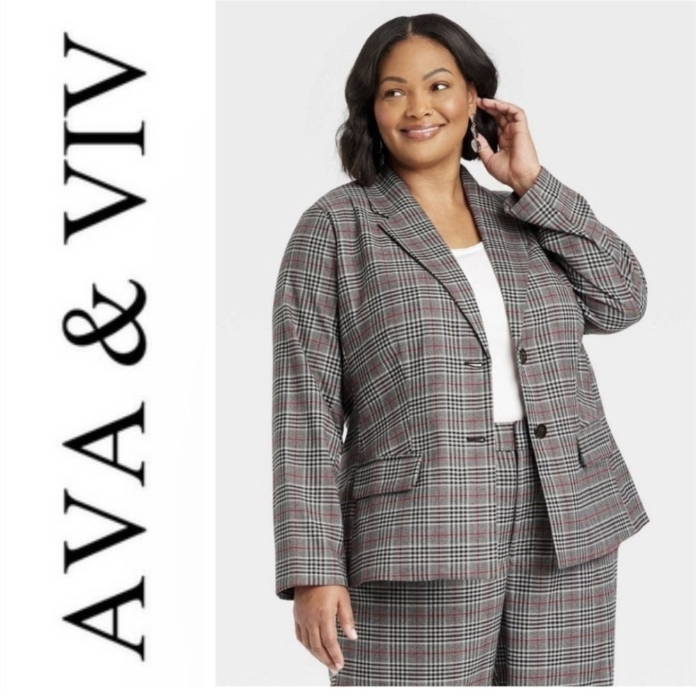 🎯 Ava & Viv Front Button Gray Plaid Blazer Women's Size 2X